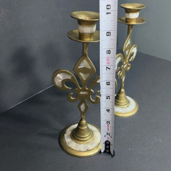 Vtg Brass Fleur de Lis Candlestick Holders Mother of Pearl Inlay Pair 9.5in - Picture 6 of 16